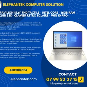 HP Pavilion 15.6" FHD Tactile - Intel Core i5 - 16GB RAM - 512GB SSD- Clavier retro éclairé - Win 10 Pro