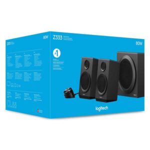Logitech Z333 Système de Haut Parleurs 2.1, 80W en Puissance, Sons Graves Renforcés, Connection 2 Dispositifs, Entrées Audio 3,5 mm et RCA, Prise EU/France, PC / PS4 / PS5 / Xbox / TV / Smartphone - Noir