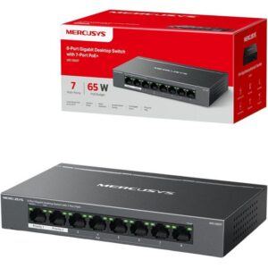Mercusys Commutateur Gigabit d'ordinateur 8 ports avec PoE+ 7 ports, PoE 65 W, compatible avec PDs 802.3af/at, gestion de l'alimentation, boîtier métallique, Plug & Play, aucune configuration