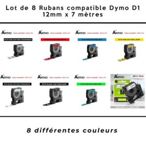 ANTHO Lot de 8 Rubans Étiqueteuse Compatibles Dymo D1 12mm x 7m – 8 Couleurs Assorties Haute Qualité pour Maison, Bureau & Organisation